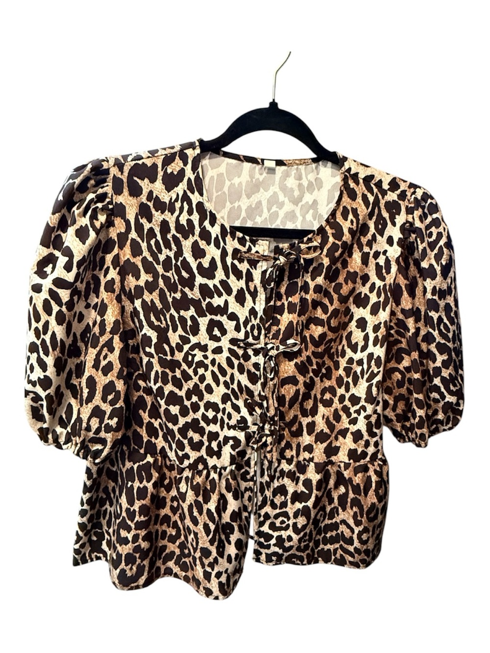 Leopard Print Puff-Sleeve Peplum Top - Brown